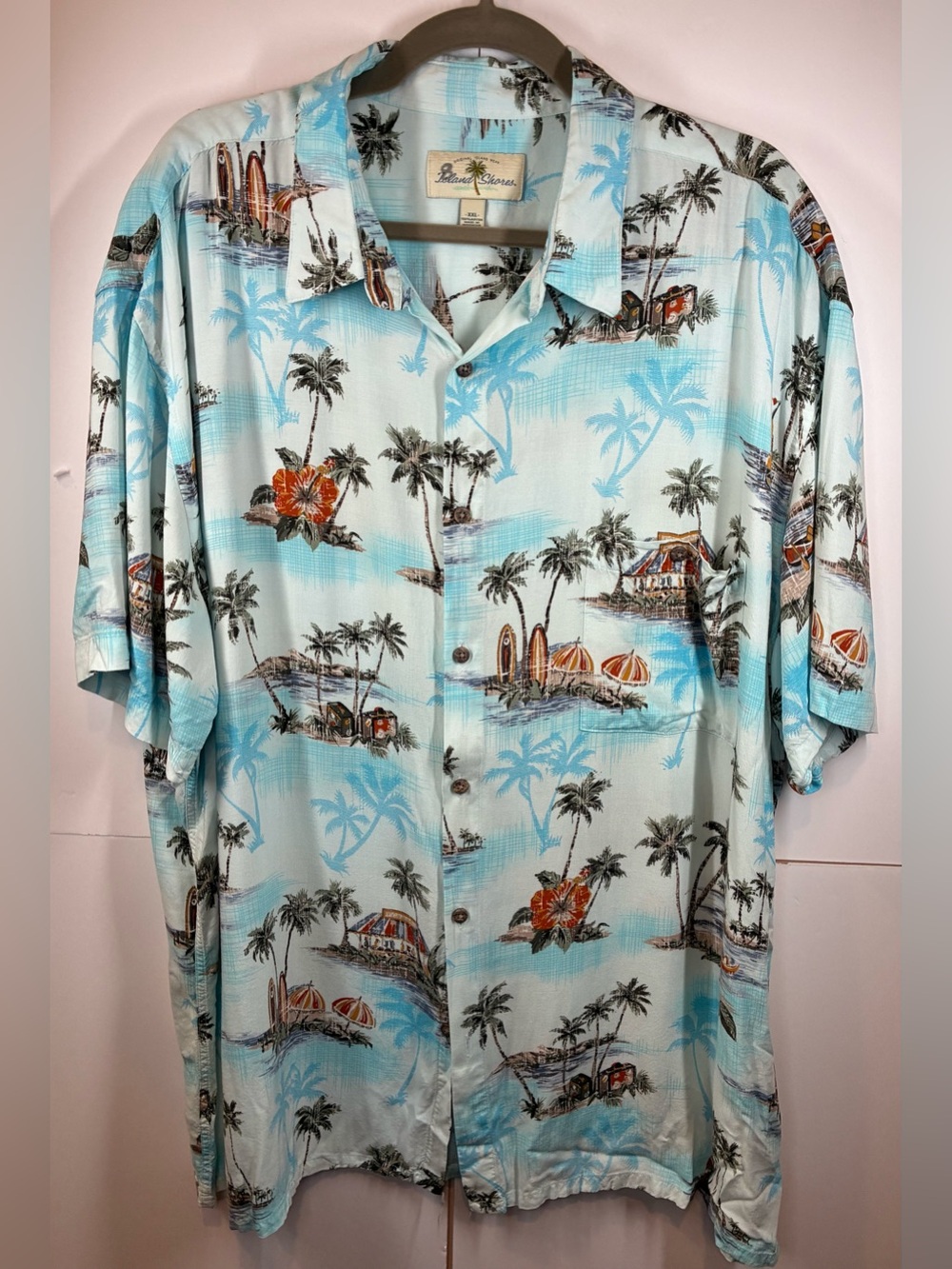 Island Shores Hawaiian Camp Shirt XXL Tropical Beach Palm Tree Button Front